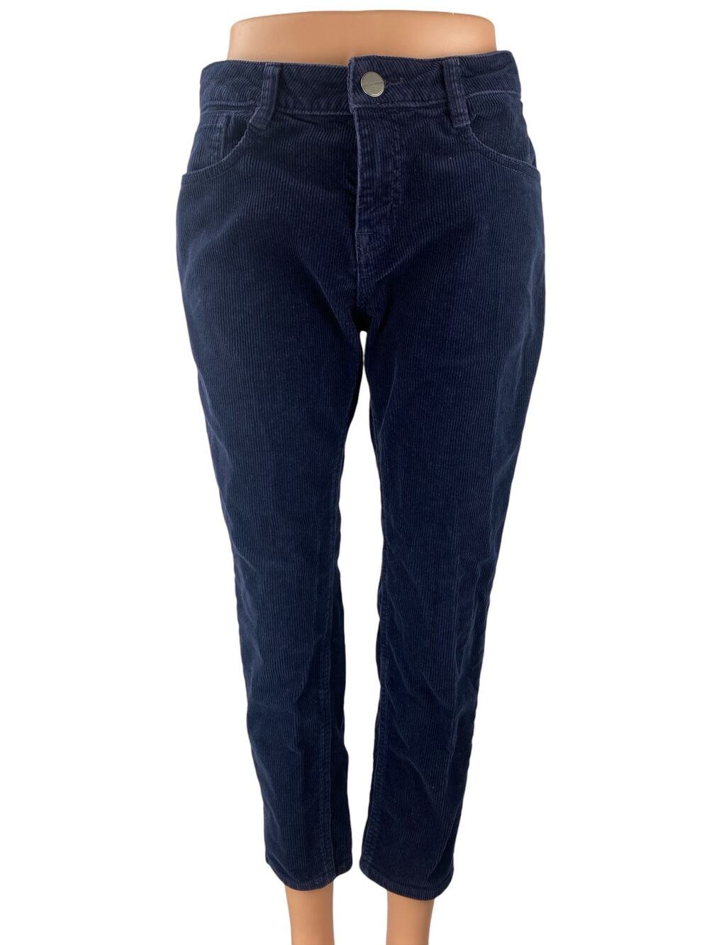 Kai-aakmann WomenNavy Blue Corduroy Mid Rise Straight Leg Trousers Pants Size S